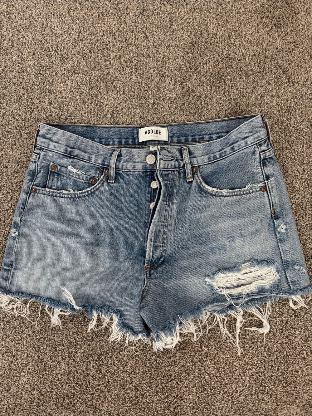 Agolde Light Blue Distressed Fray Hem Denim Cutoff Shorts